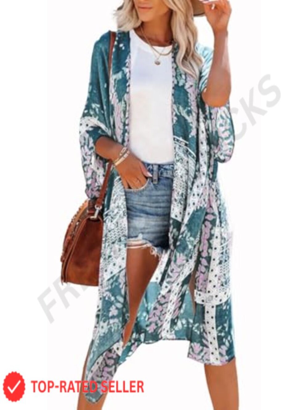 Women's Chiffon Kimono Swimsuit Coverup Loose Beach Cardigan with Floral Pattern
